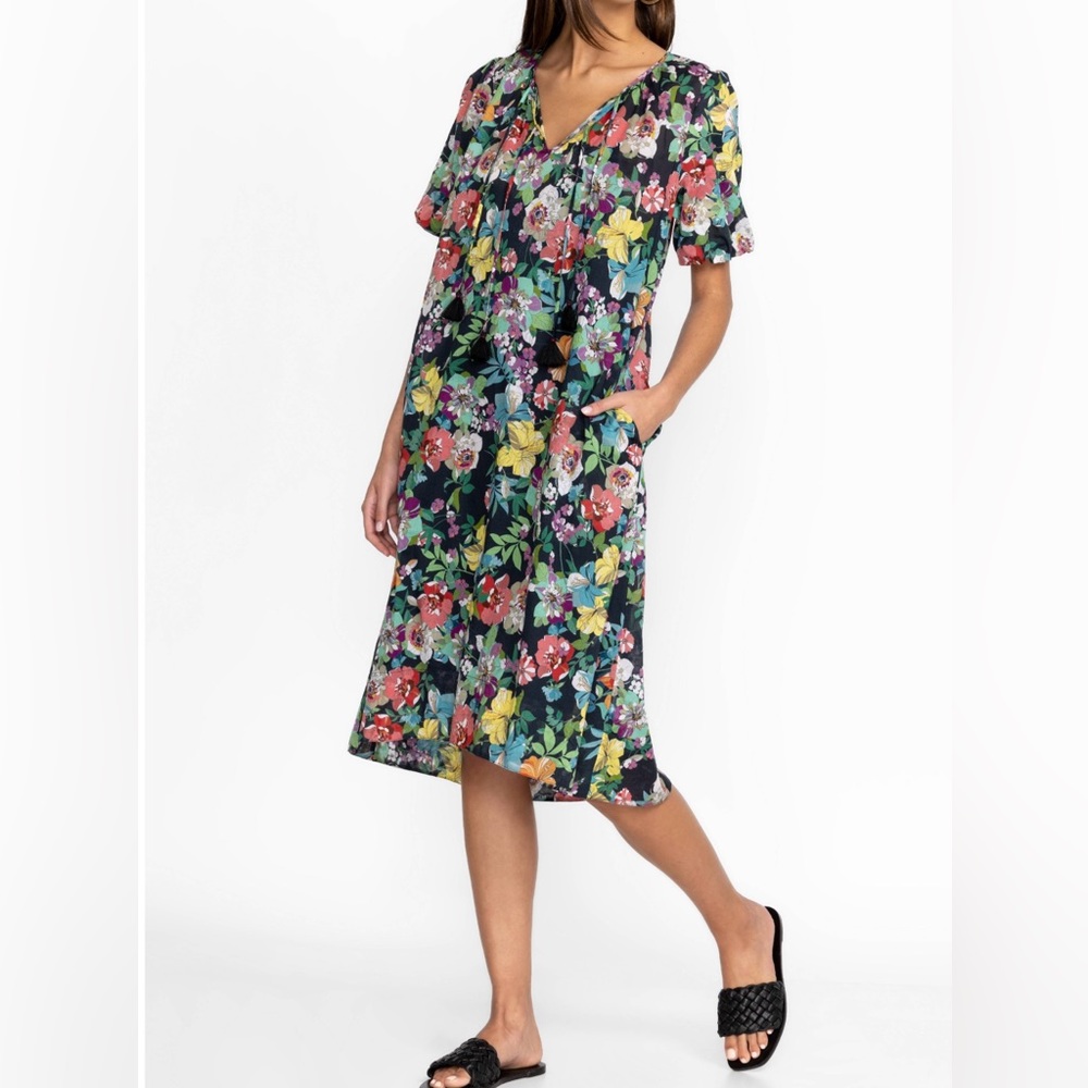 Johnny Was Zahava tie neck midi dress, Cotton, Floral, Small
